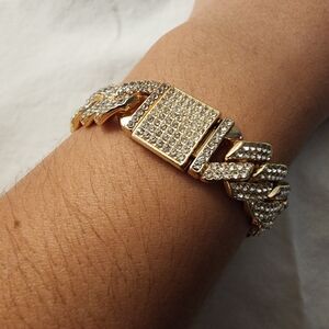 Cuban Link Chain Bracelet Gold-tone Bling CZ Rhinestone Maximalist 7 inch